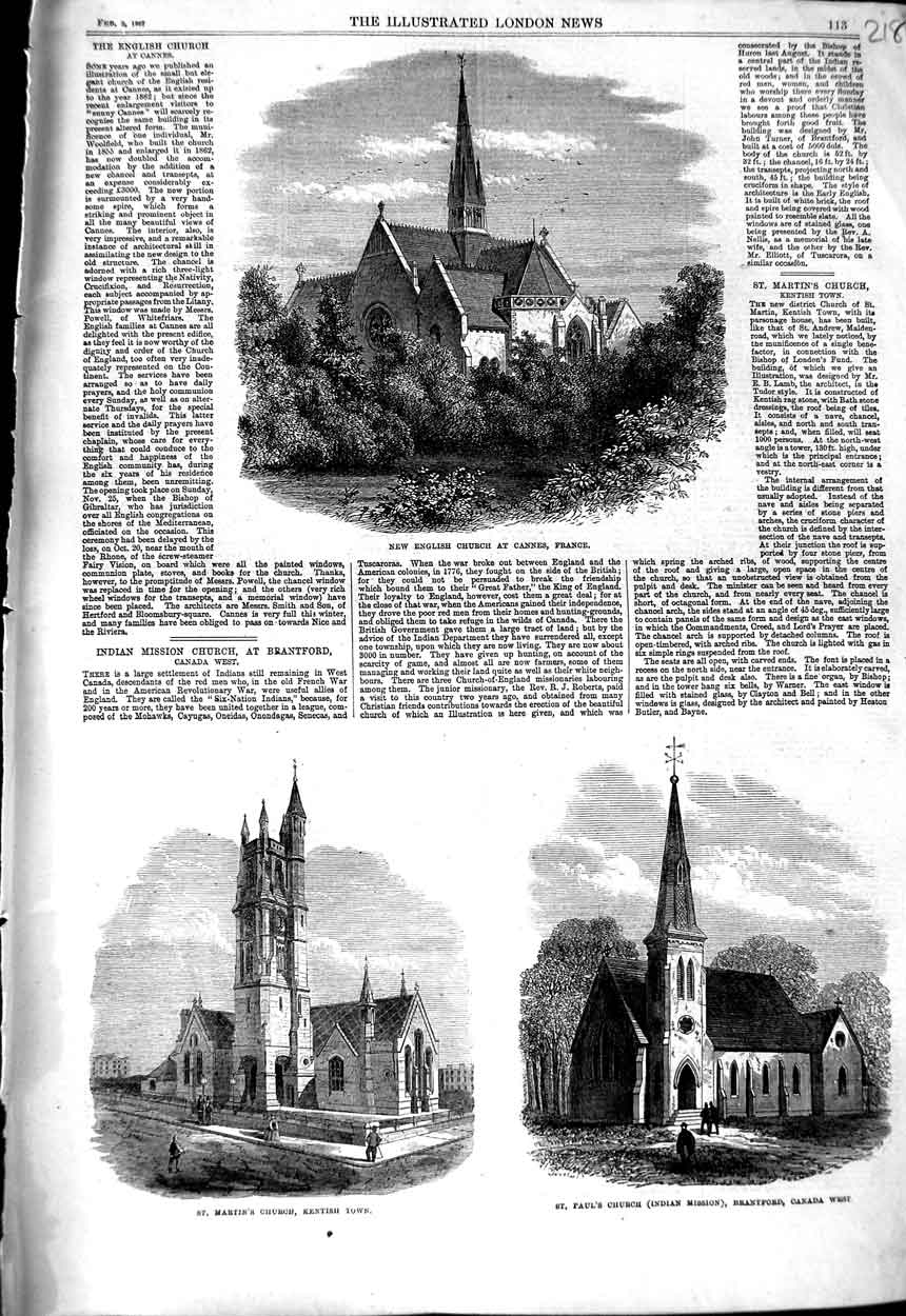 Original Old Antique Print English Church Cannes France Kentish Brantford 1867