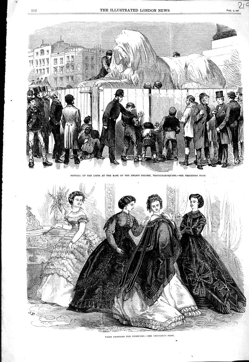 Old Antique Print 1867 Lions Nelson Column Trafalgar London Paris Fashion 19th