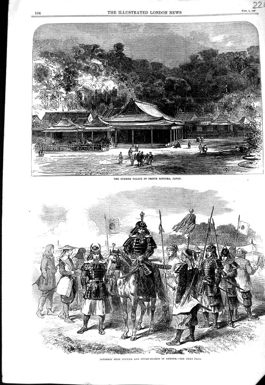 Original Old Antique Print 1867 Summer Palace Prince Satzuma Japan Sword-Bearer