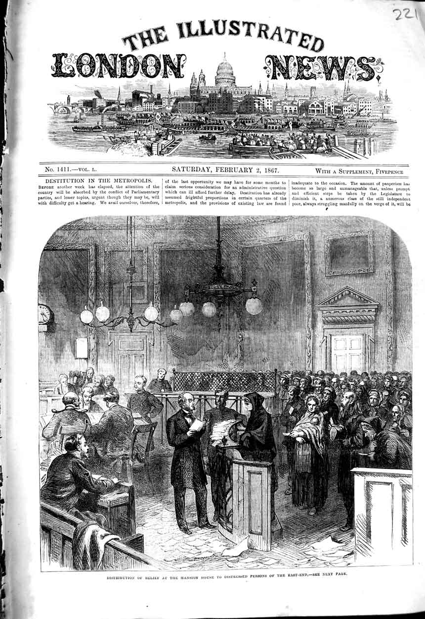 Original Old Antique Print 1867 Distribution Relief Mansion House Poor People