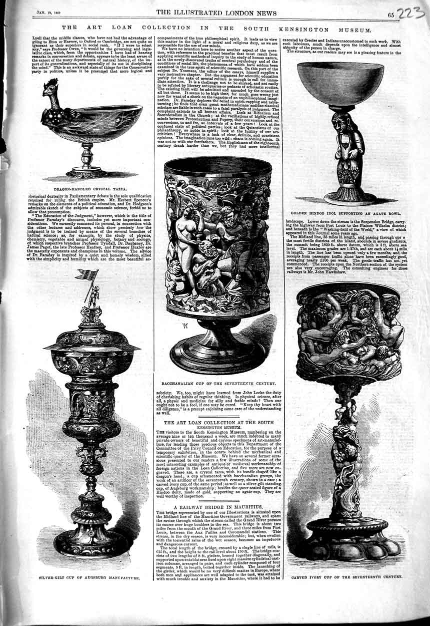 Old Antique Print 1867 Bacchanalian Cup Ivory Augsburg Hindoo Idol Tazza 19th