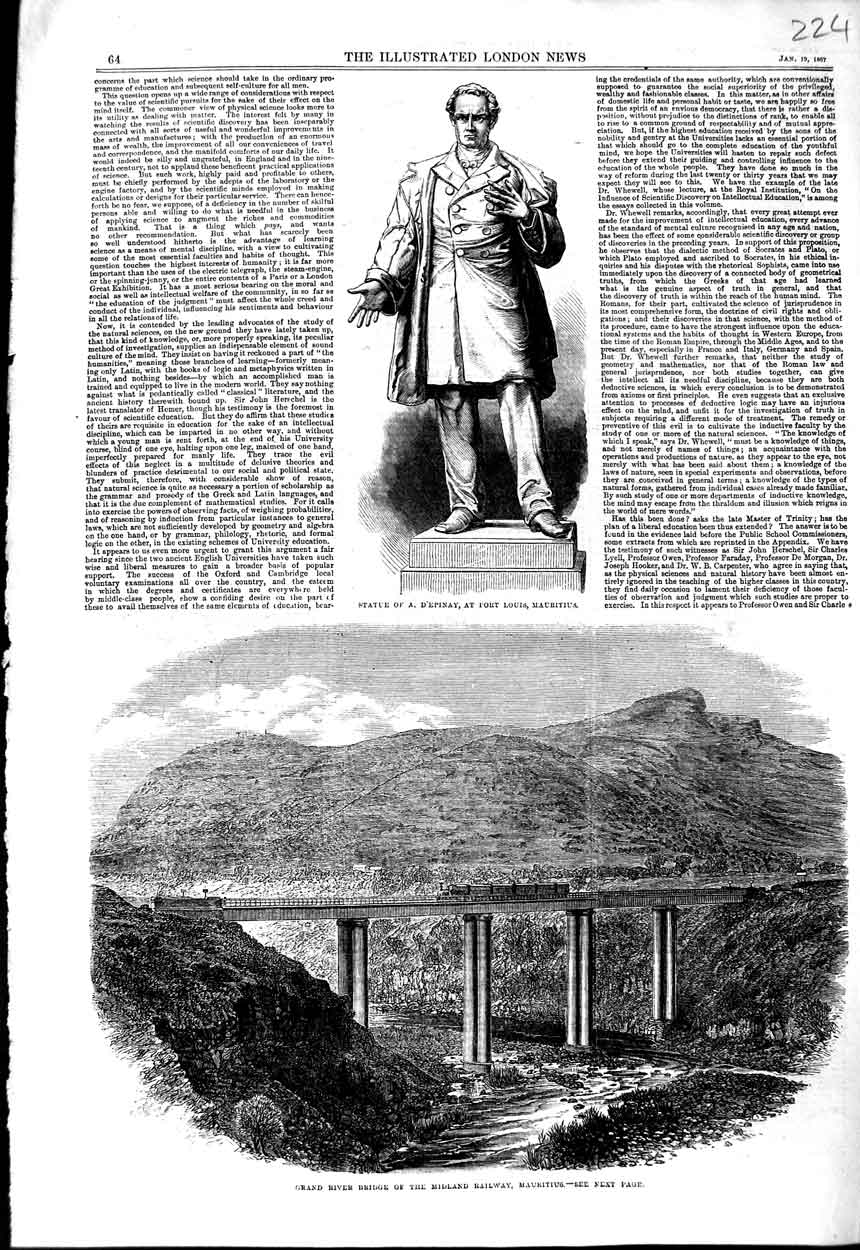 Original Old Antique Print 1867 Statue D'Epinay Louis Mauritius Bridge Railway