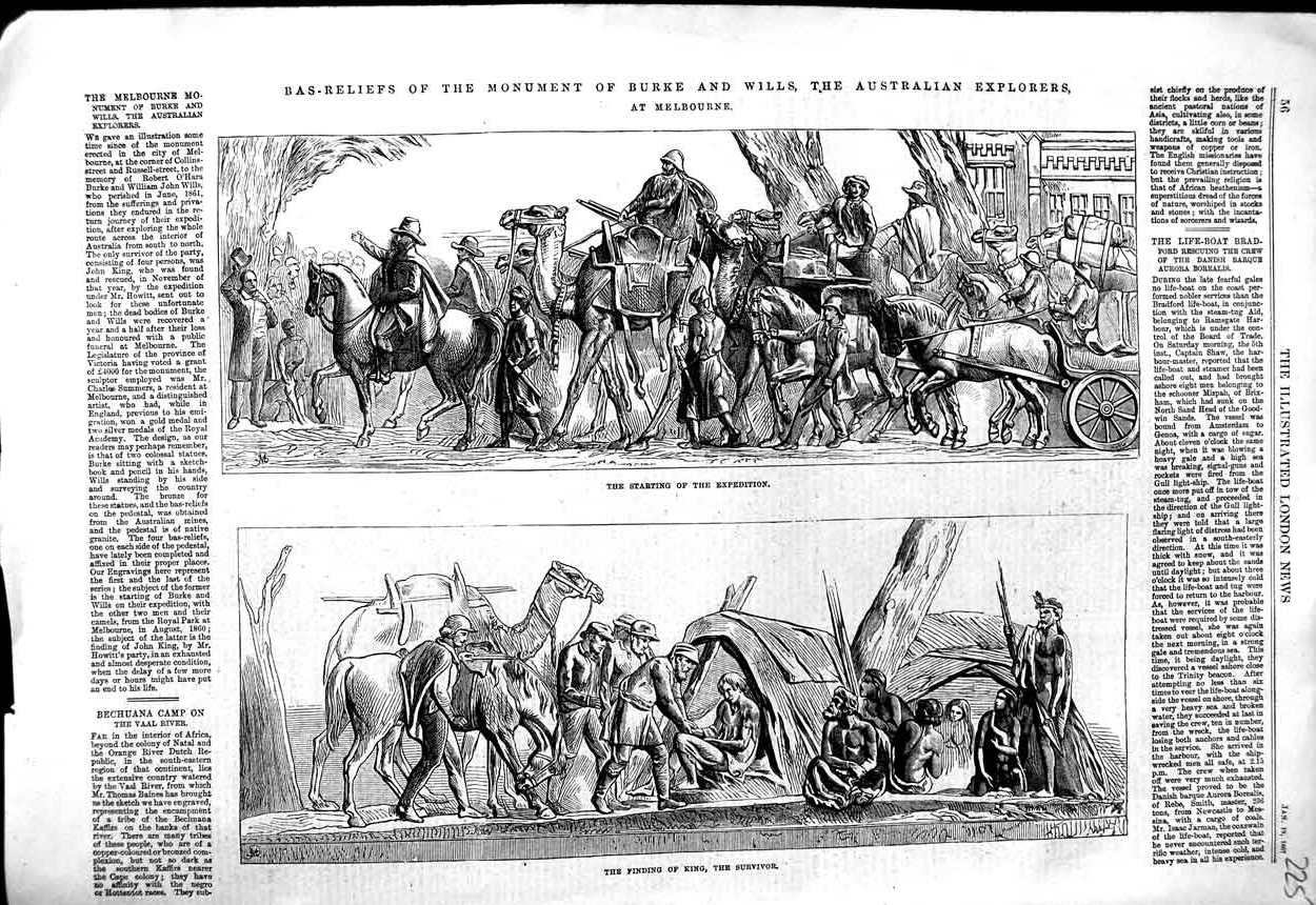 Original Old Antique Print 1867 Bas-Reliefs Monument Burke Wills Explorers 19th