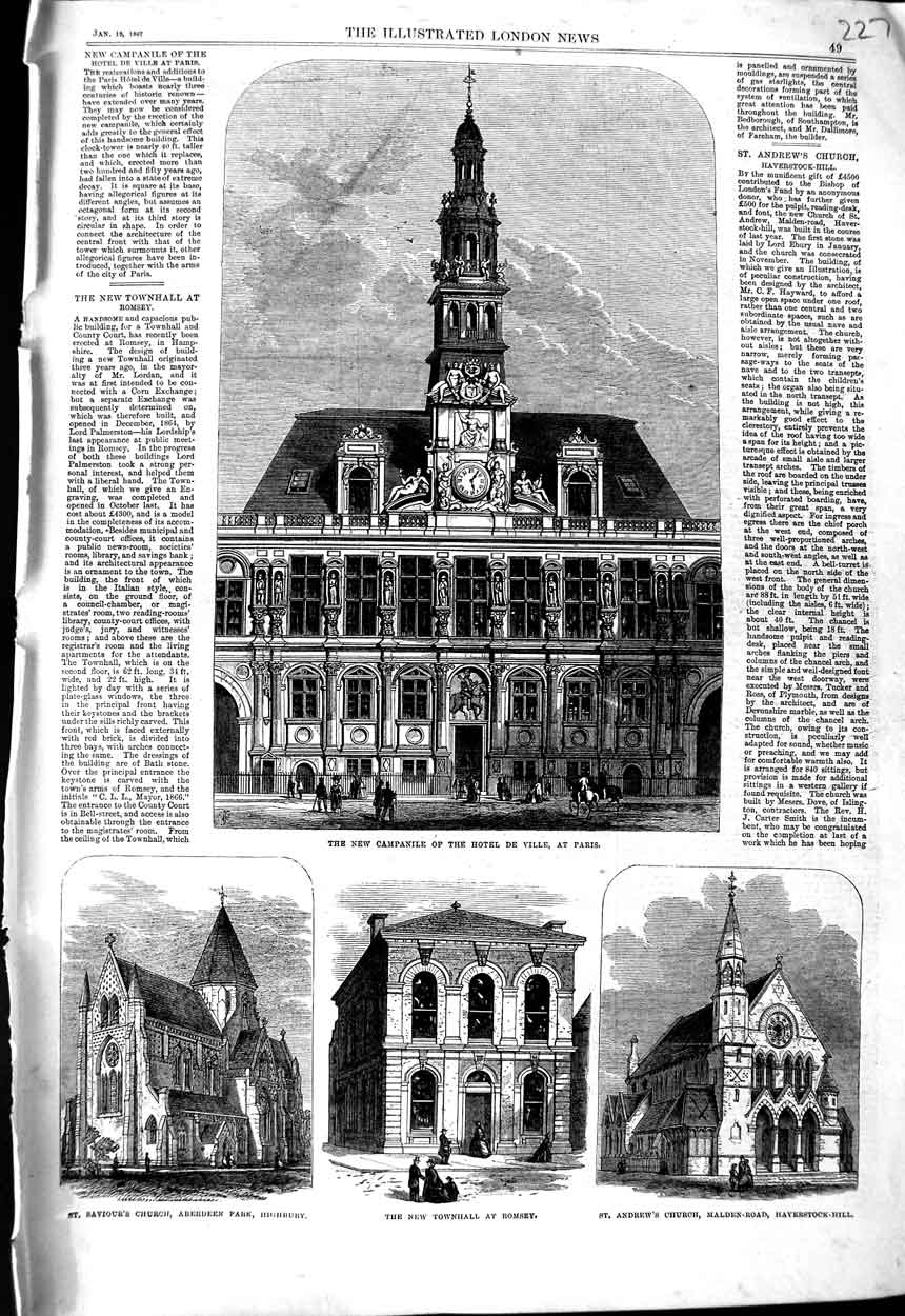 Old Antique Print 1867 Campanile Hotel Ville Paris Romsey Aerdeen Church 19th