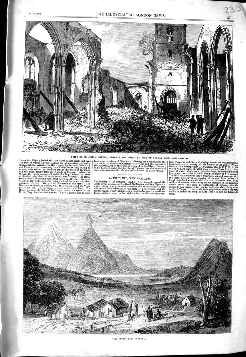 Old Antique Print 1867 Ruins John'S Church Croydon Lake Taupo New Zealand 19th