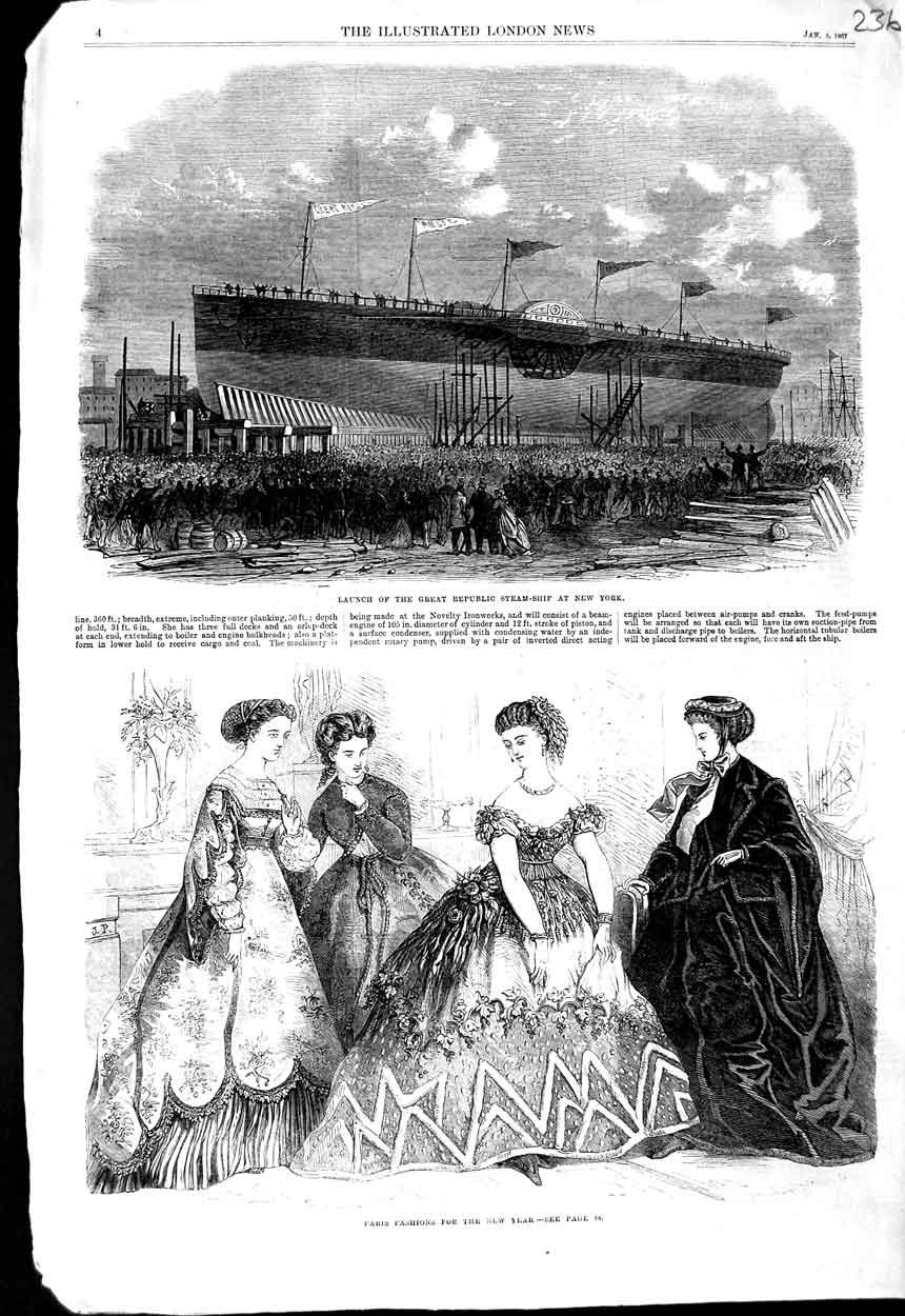 Old Antique Print 1867 Paris Fashion Launch Great Republic Ship New York 19th