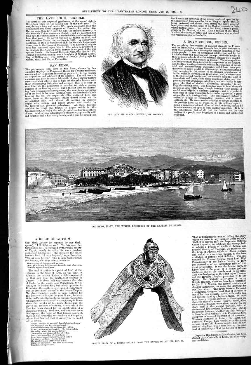 Original Old Antique Print 1875 Samuel BignNorwich San Remo Italy Bronze Prow