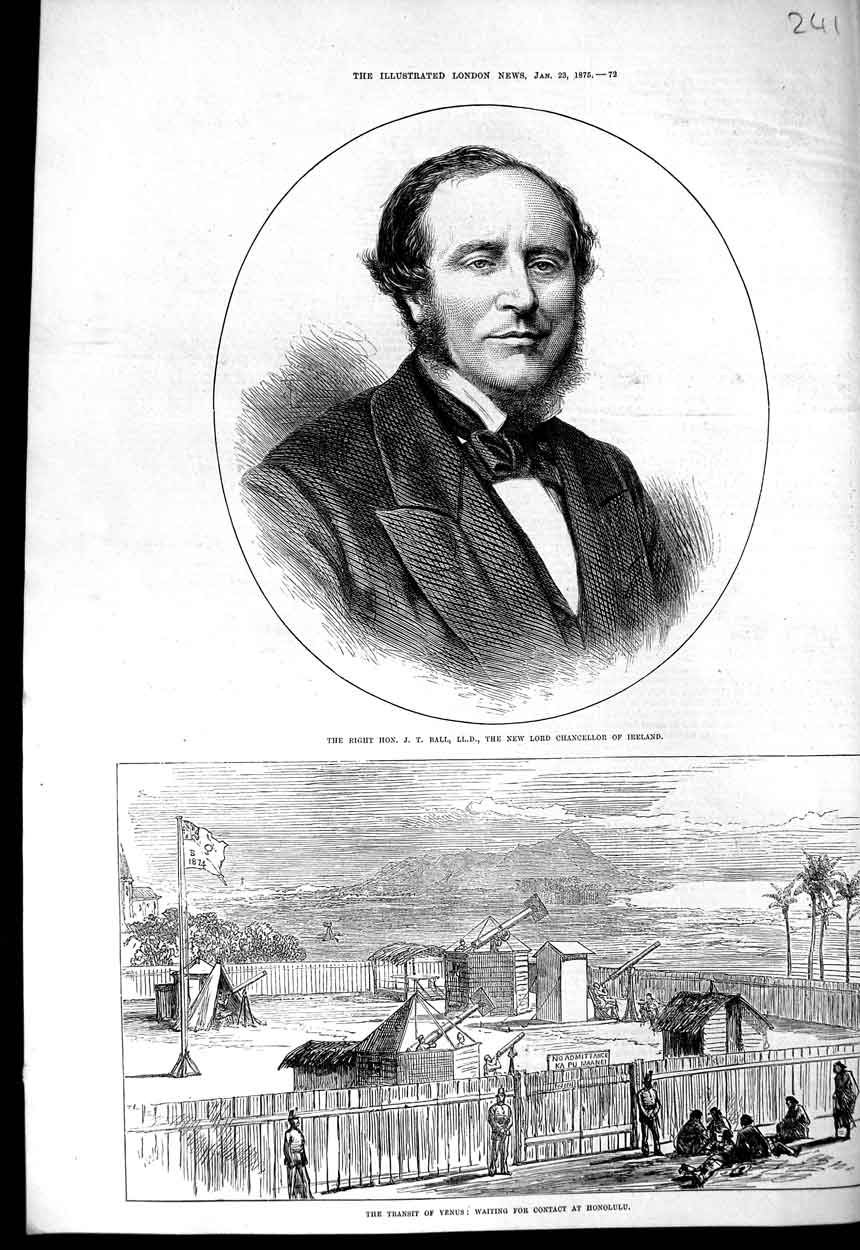 Original Old Antique Print 1875 Ball Chancellor Ireland Transit Venus Honolulu