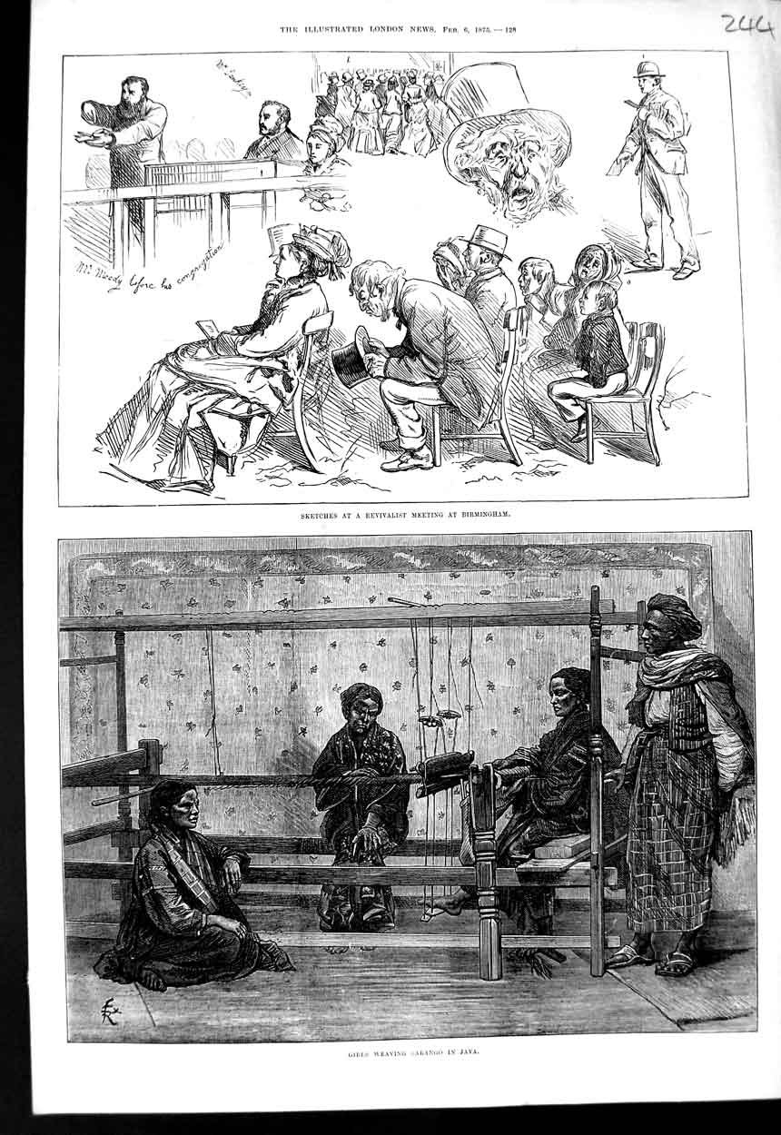Old Antique Print 1875 Girls Weaving Sarango Java Revivalist Birmingham 19th