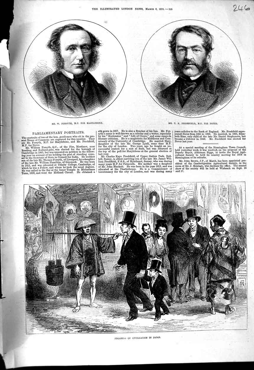 Original Old Antique Print 1875 Forsyth Freshfield M.P Civilisation Japan 19th