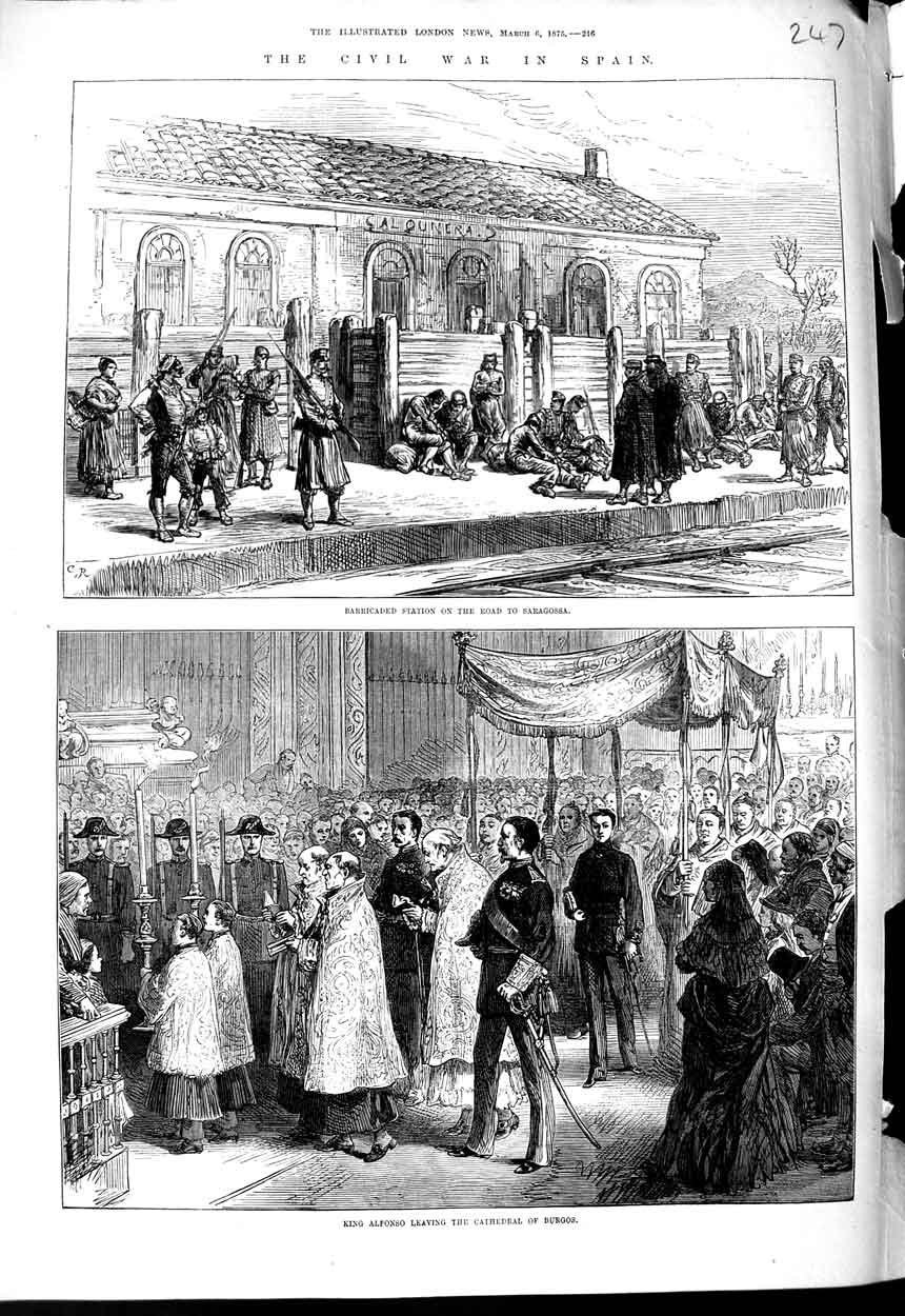 Original Old Antique Print Civil War Spain King Alfonso Cathedral Burgos 1875