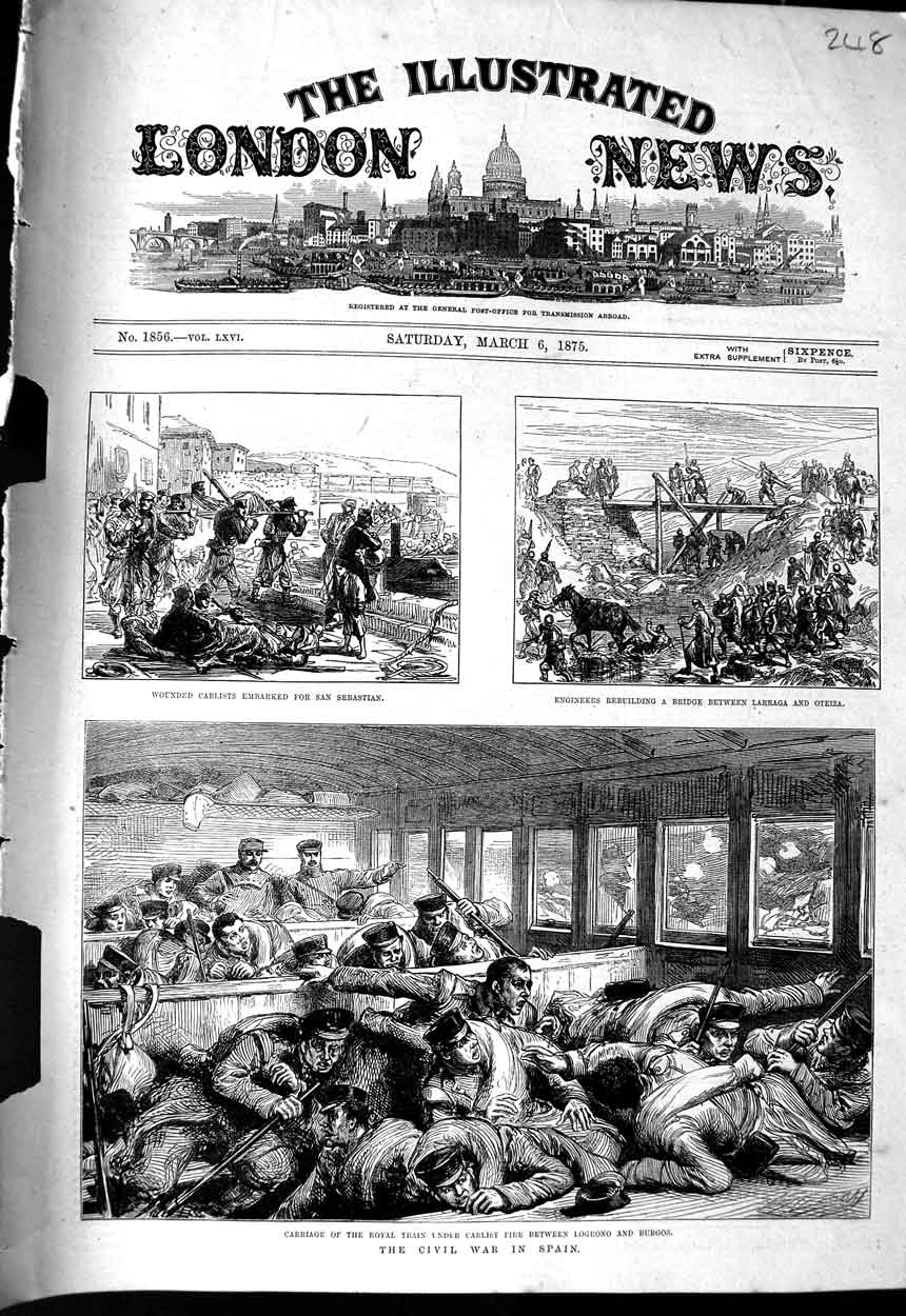 Original Old Antique Print 1875 Civil War Spain Train Carlists Logrono Larraga
