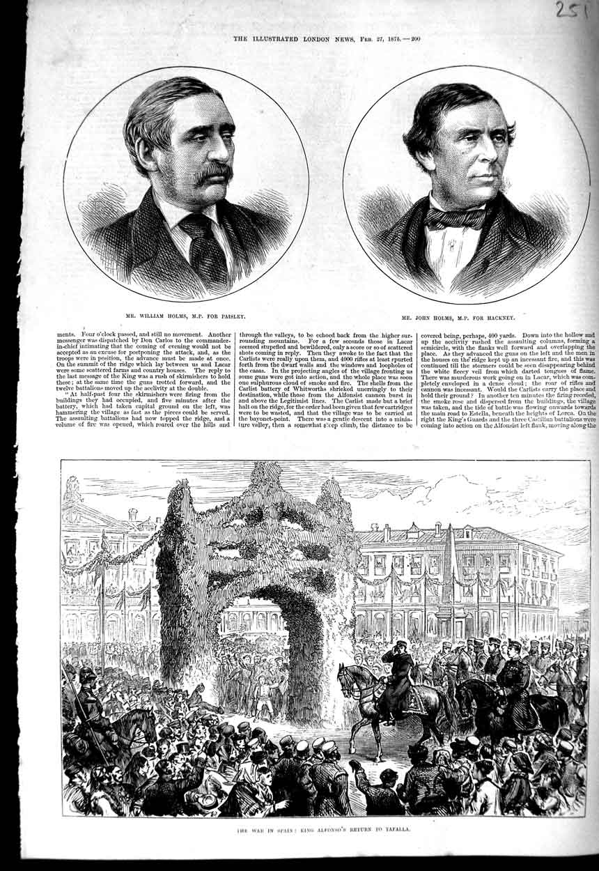 Old Antique Print William Holms M.P 1875 War Spain King Alfonso Tafalla 19th