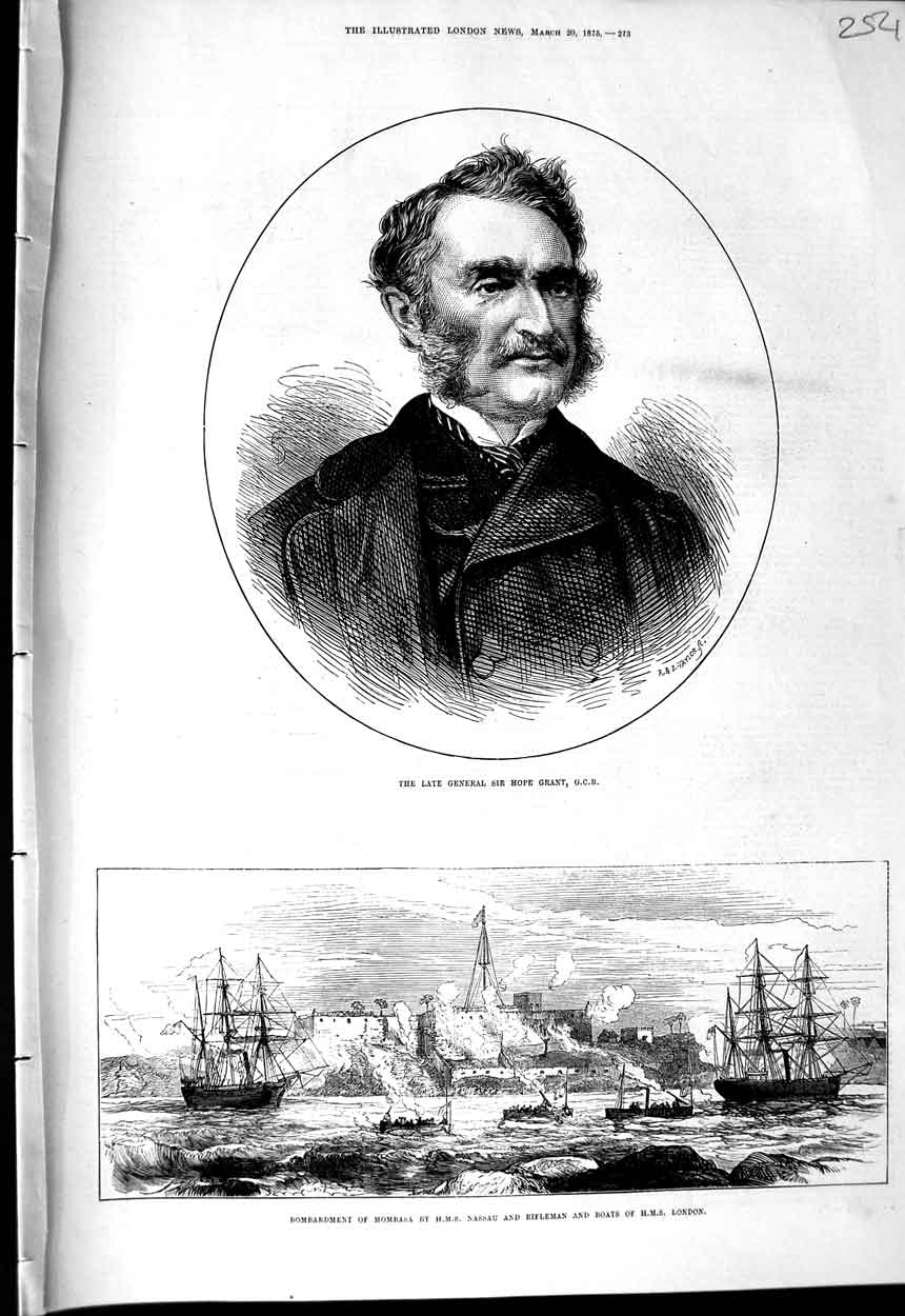 Old Antique Print 1875 General Hope Grant War Mombasa Nassau Ship London 19th