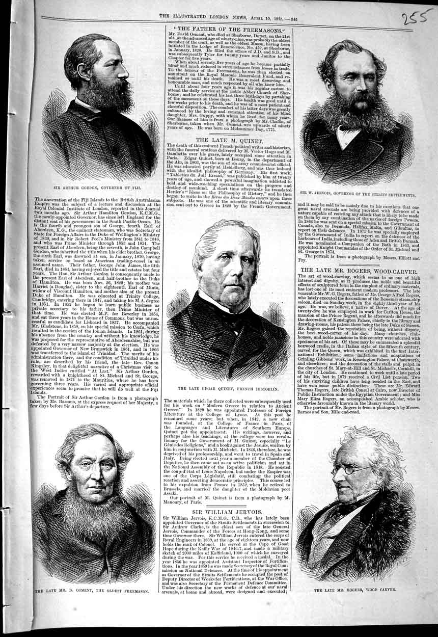 Original Old Antique Print Freemasons 1875 Osment Rogers Quinet Gordon Jervois