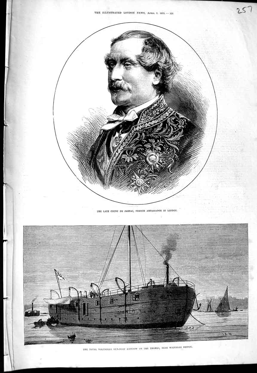 Old Antique Print 1875 Count Jarnac French Ambassador Rainbow Ship Thames 19th
