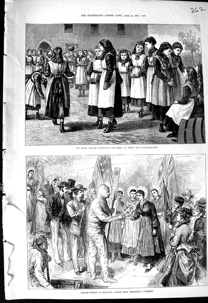 Original Old Antique Print 1875 Masonic Girls Battersea-Rise Boyton Boulogne