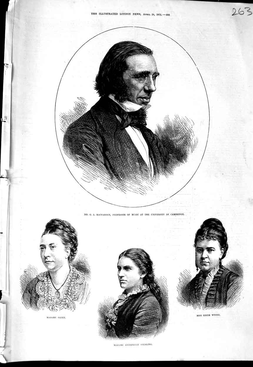 Original Old Antique Print 1875 Macfarren Music Cambridge Patey Sterling Wynne