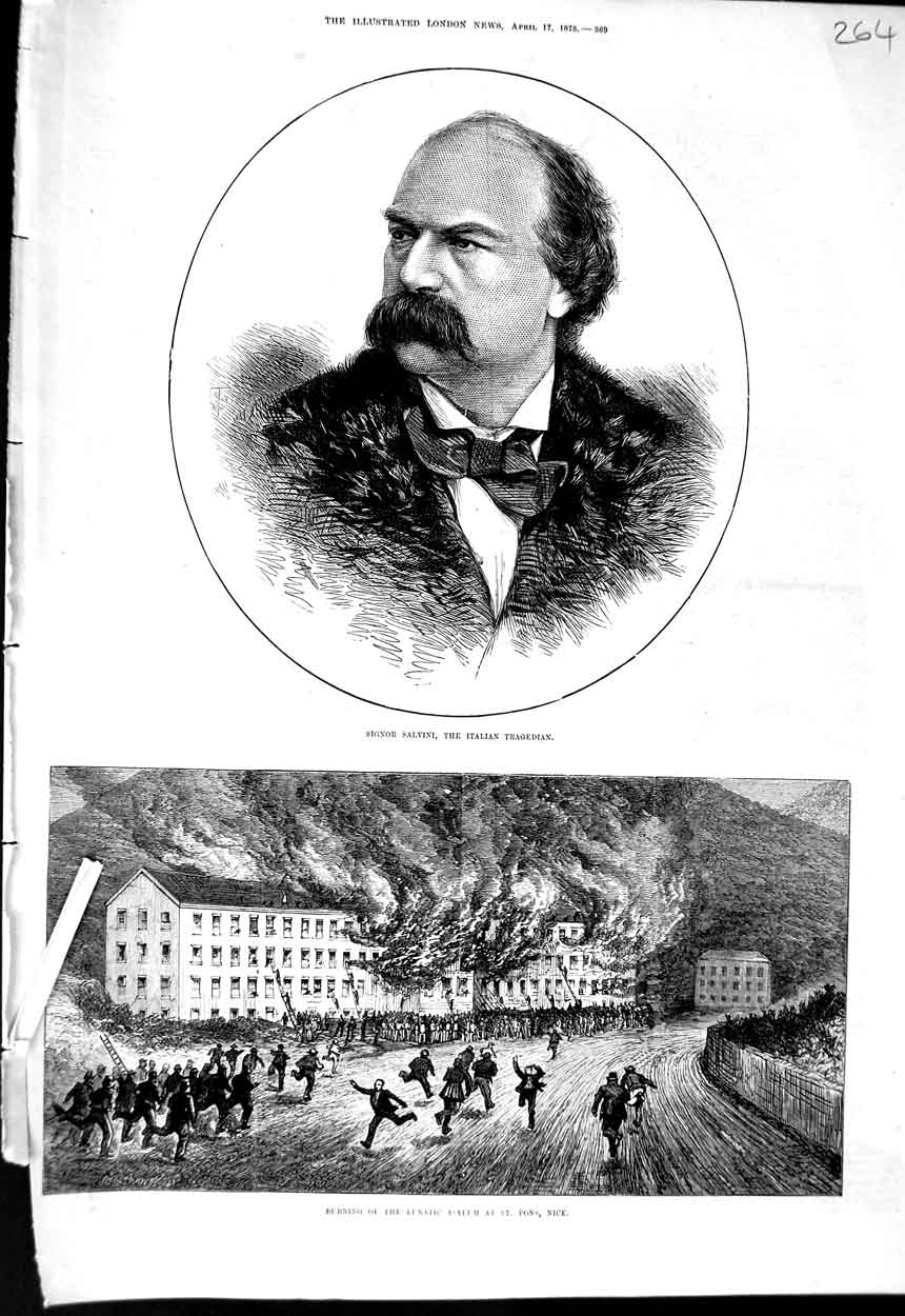 Original Old Antique Print 1875 Signor Salvini Italian Fire Lunatic Asylum Nice