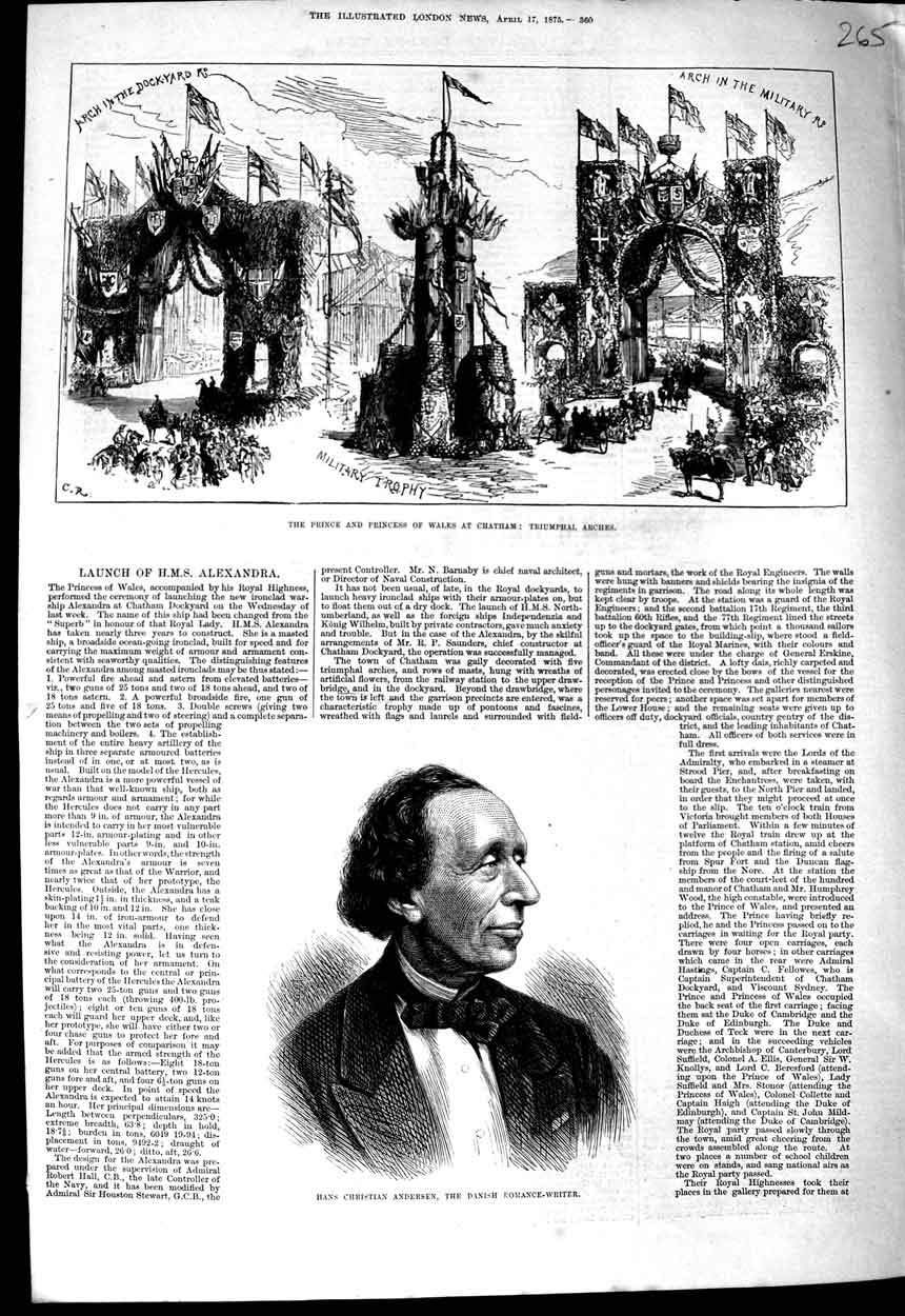 Original Old Antique Print 1875 Prince Wales Chatham Hans Christian Anderson