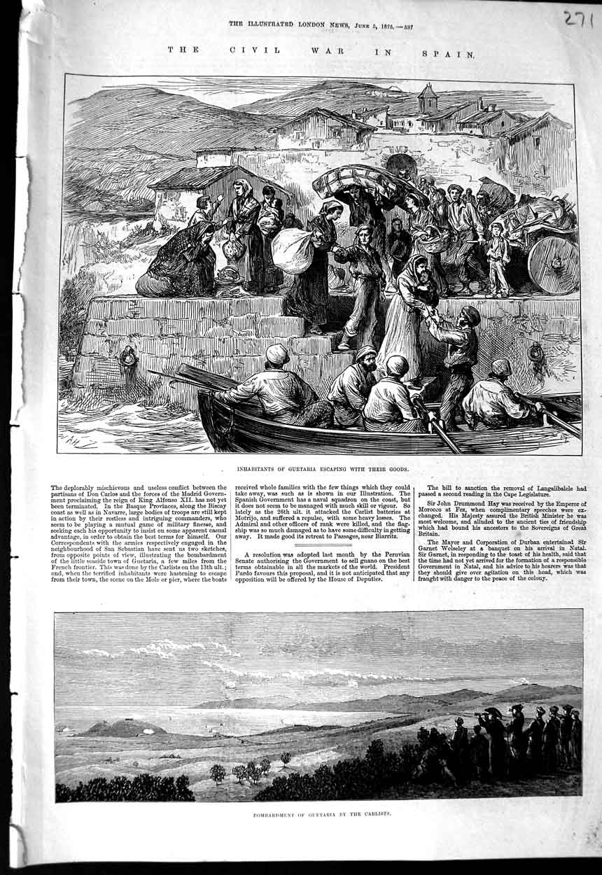 Original Old Antique Print Civil War Spain Guetaria Bombardment Carlists 1875