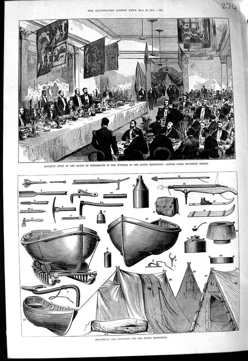 Original Old Antique Print 1875 Apparatus Arctic Expedition Banquet Portsmouth
