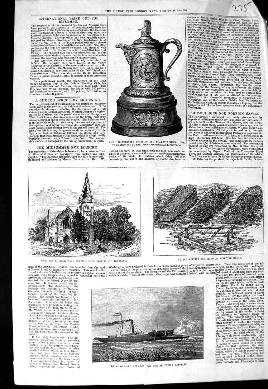 Old Antique Print Gun Ship Bermejo Argentine Wicker Coffins Church 1875 19th