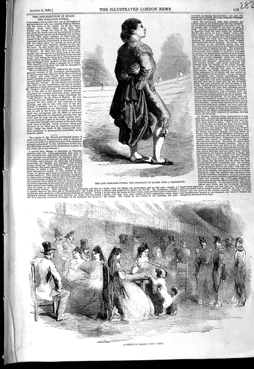 Original Old Antique Print 1856 Toreador Puceta Insurgent Madrid Spain 19th