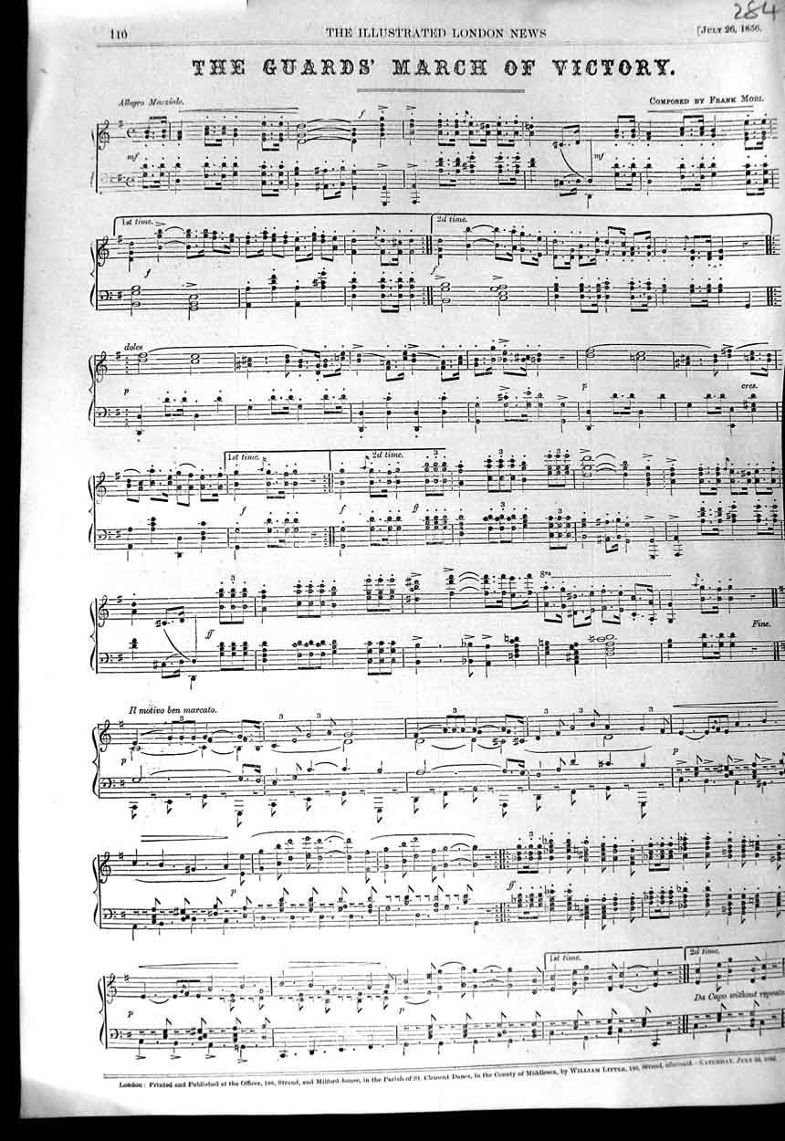 Original Old Antique Print 1856 Sheet Music Guards March Victory Frank Mori