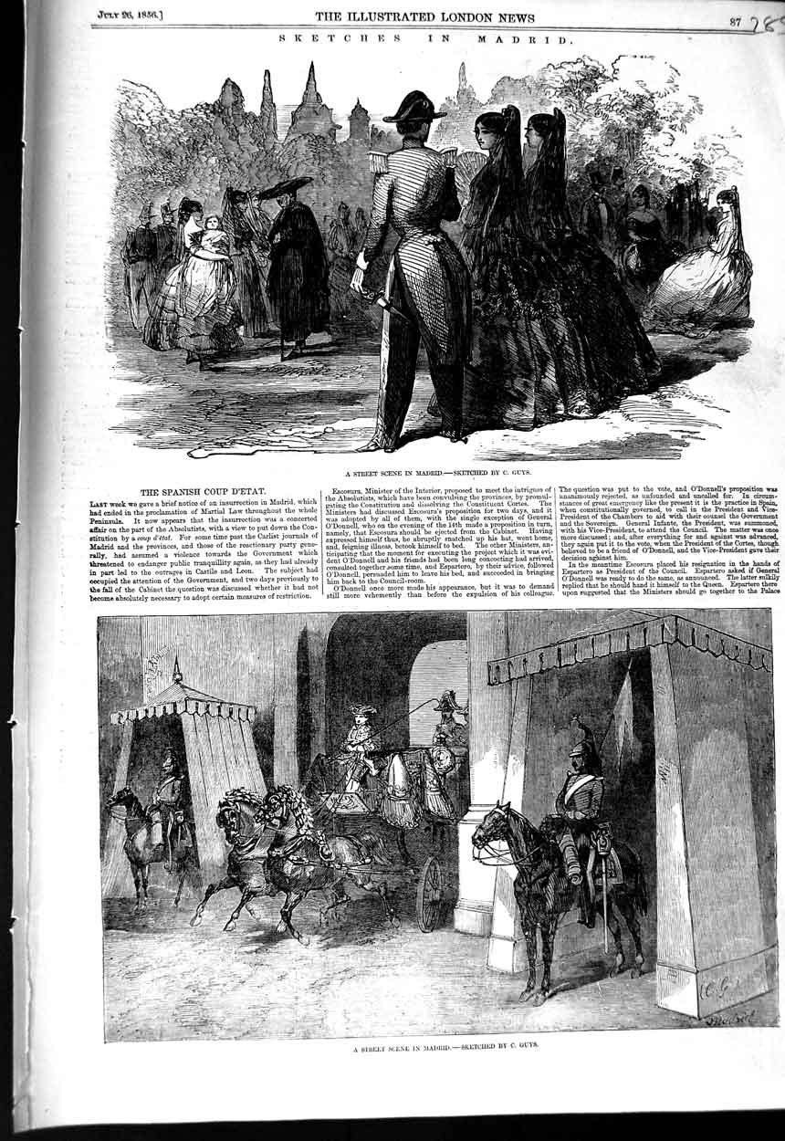 Original Old Antique Print 1856 Madrid Street Scene Spain Spanish Coup D'Etat