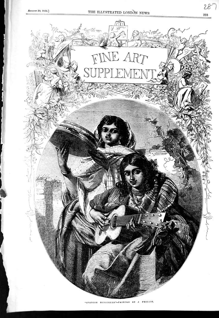 Original Old Antique Print 1856 Fine Art Portrait Spanish Minstrels Victorian