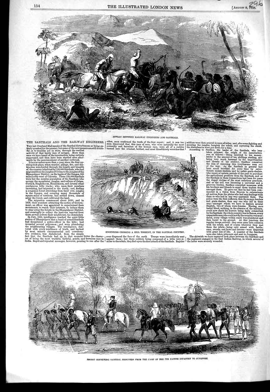 Original Old Antique Print 1856 Affray Railway Engineers Santhals Jungpore War