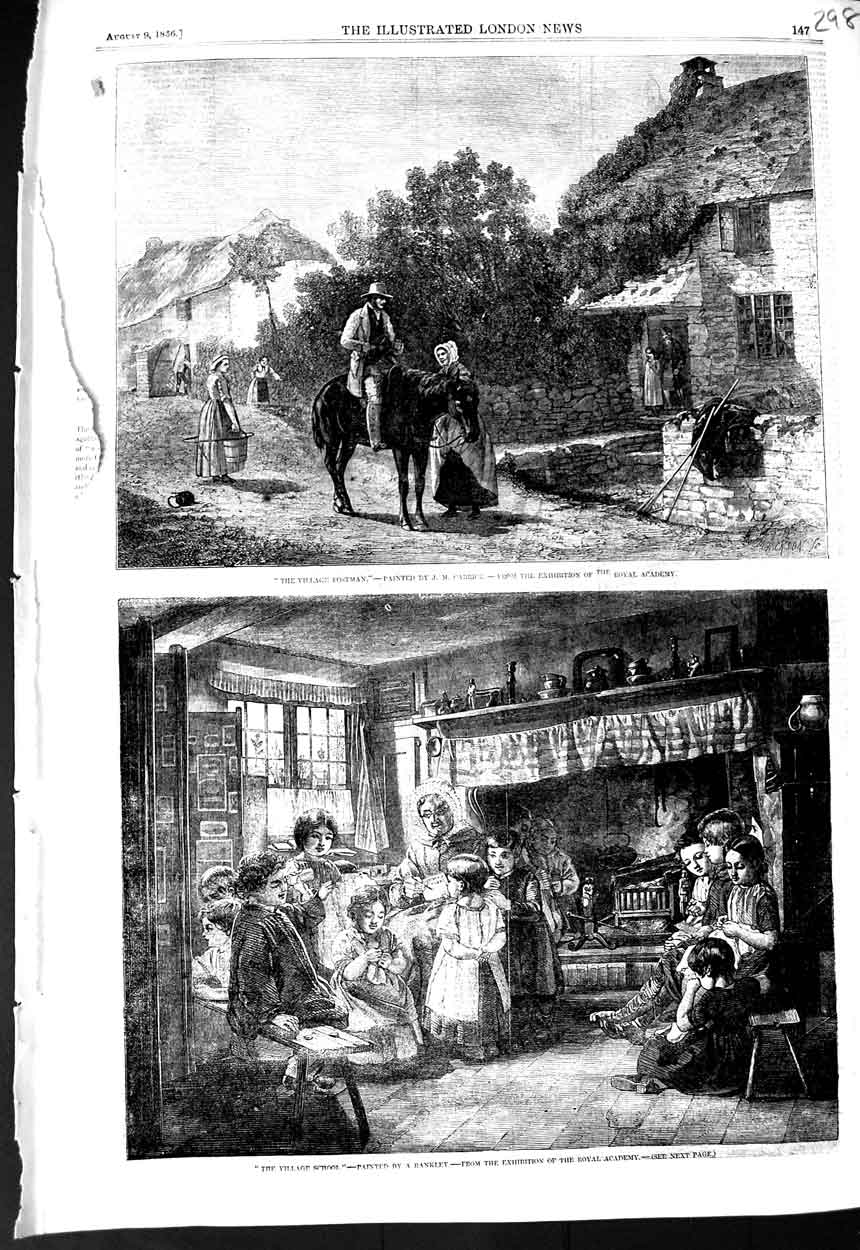 Old Antique Print 1856 Village Postman Royal Academy Art School Rankley 19th