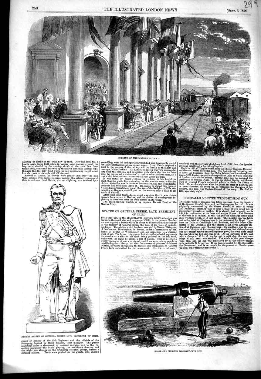 Original Old Antique Print 1856 Madras Railway Statue Freire Horsfall Iron Gun