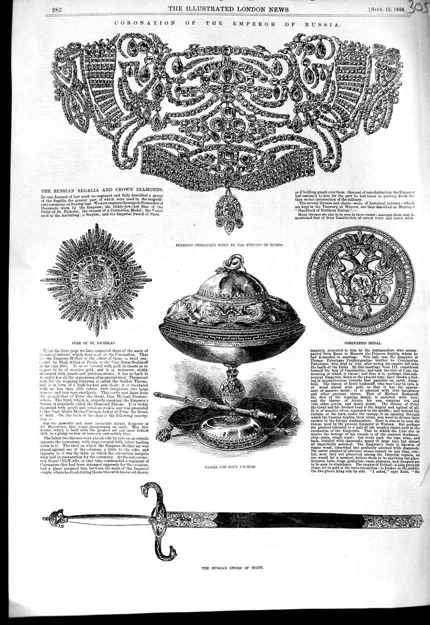 Original Old Antique Print 1856 Coronation Emperor Russia Sword Medal Stomacher