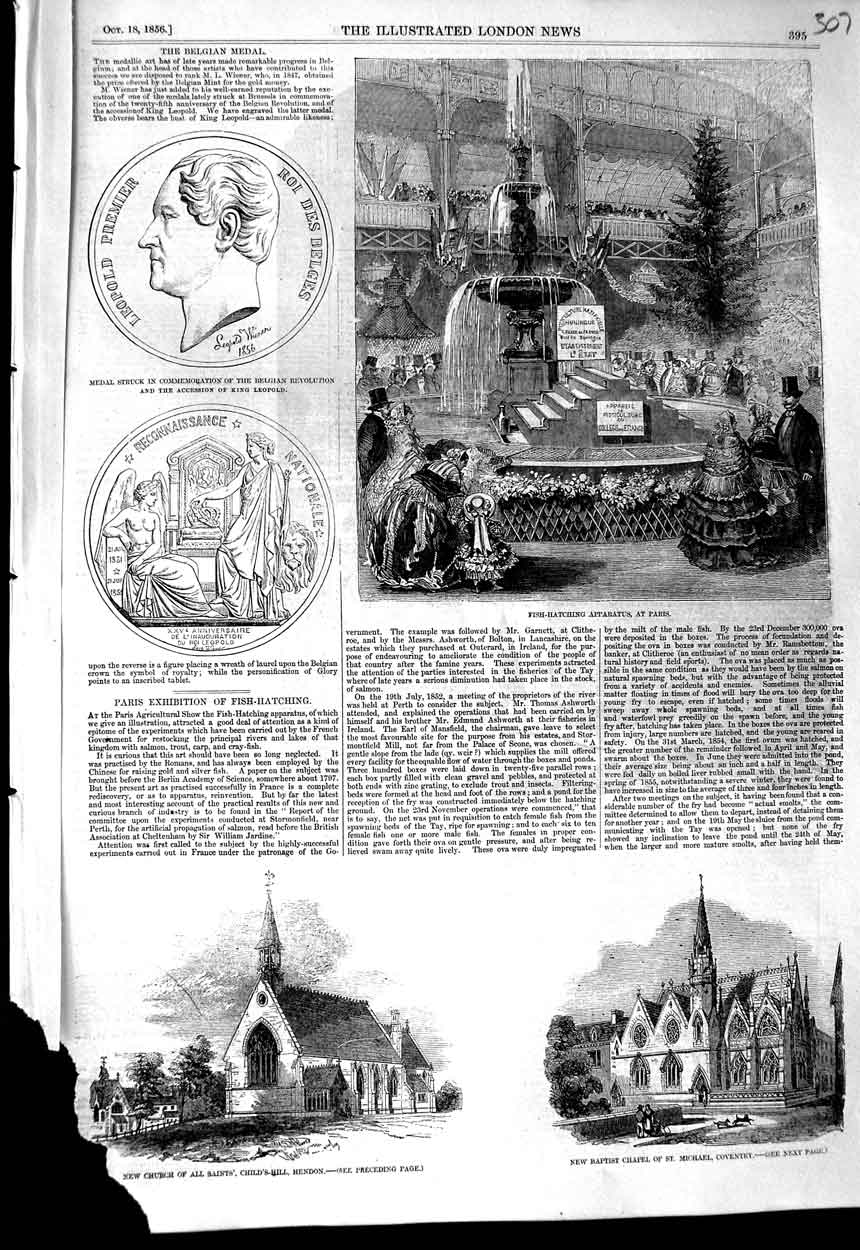 Old Antique Print 1856 Church Hendon Baptist Chapel Coventry Fish Paris 19th