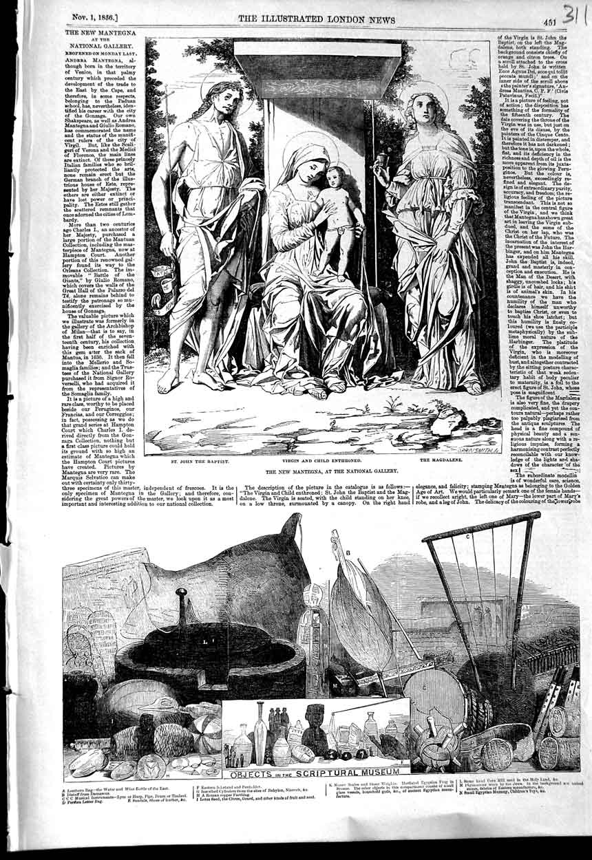 Original Old Antique Print 1856 Mantegna Gallery Virgin Child Scriptural Musuem