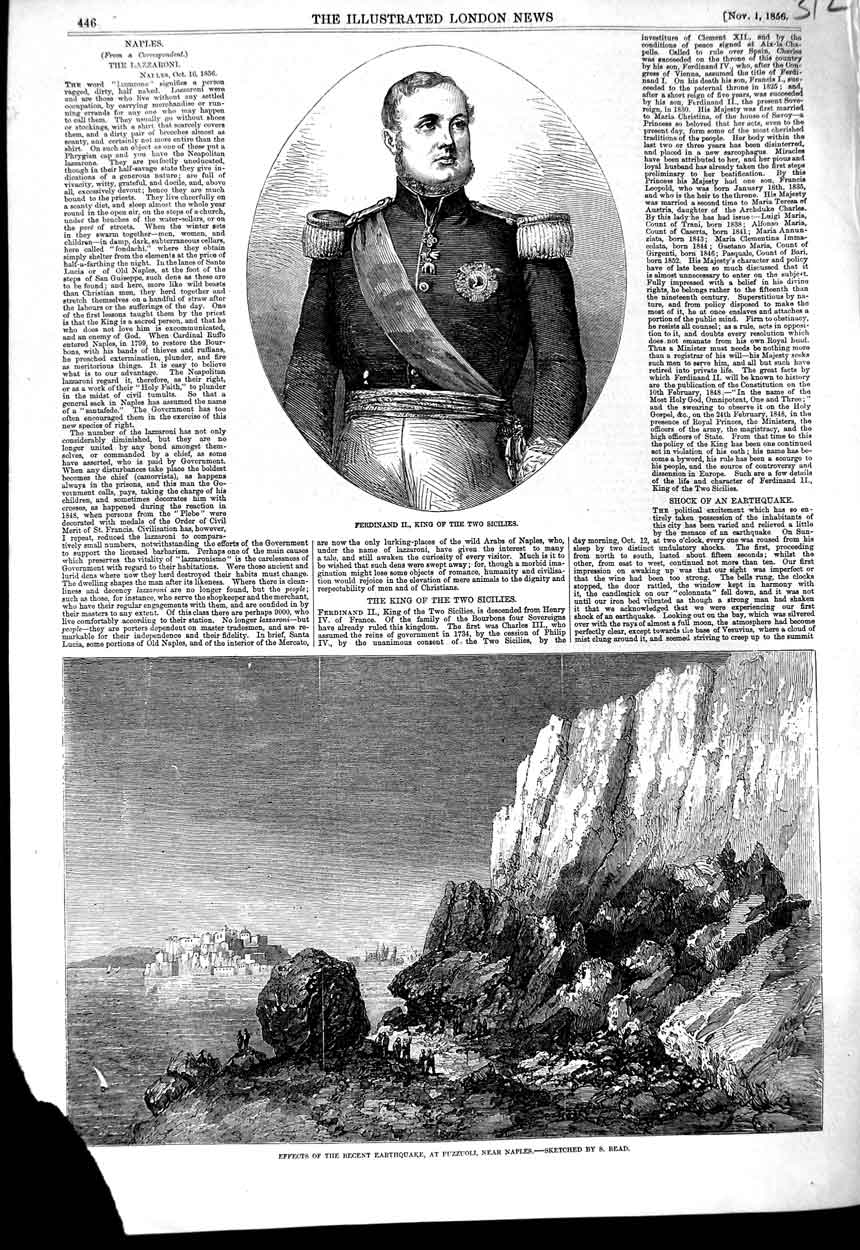 Old Antique Print 1856 King Sicilles Ferdinand Earthquake Puzzuoli Naples 19th