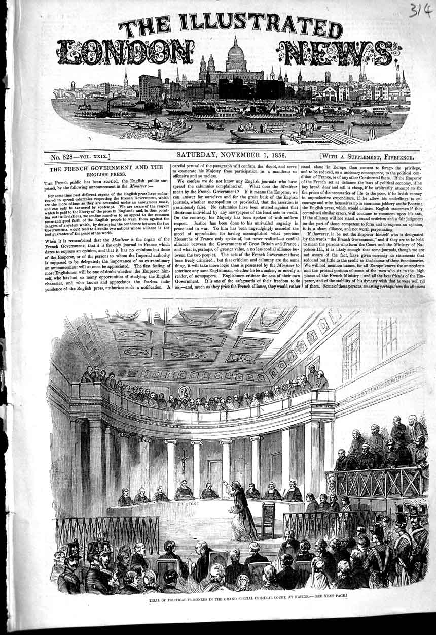 Original Old Antique Print 1856 Political Prisoners Grand Criminal Court Naples