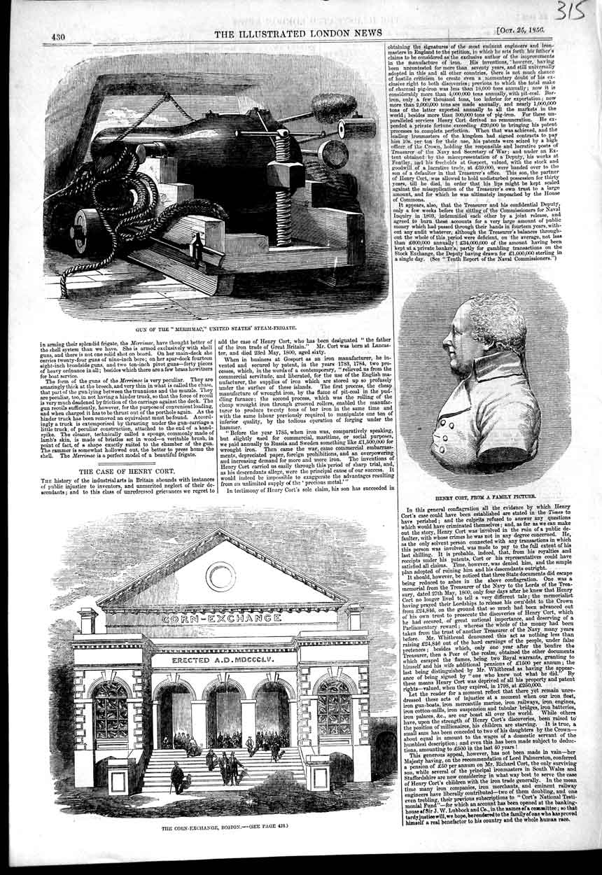 Original Old Antique Print 1856 Gun Merrimac Henry Cort Corn Exchange Boston