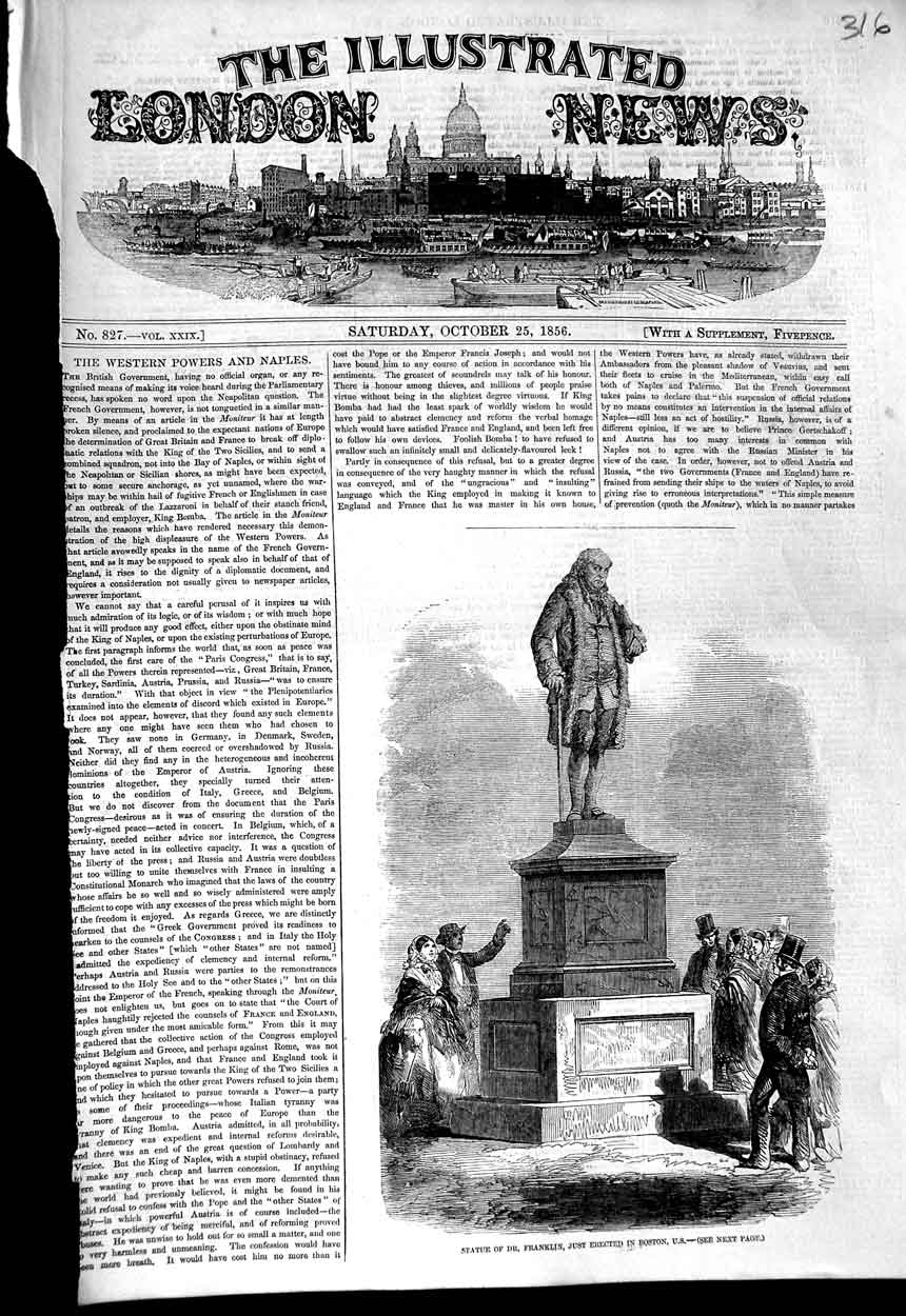 Original Old Antique Print 1856 Statue Dr. Franklin Boston America Victorian