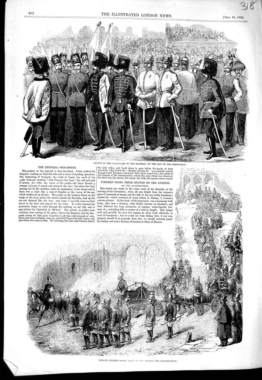 Original Old Antique Print Courtyard Kremlin Coronation 1856 Moscow Firemen