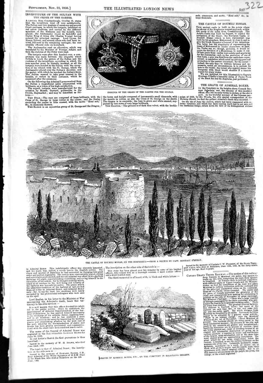 Old Antique Print 1856 Castle Roumili Hissar Graves Admiral Boxer Sultan 19th