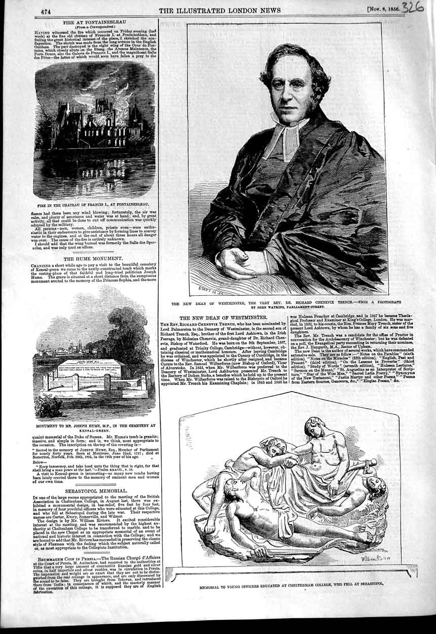 Original Old Antique Print 1856 Dean Westminster Chenevix Hume Fontainbleau
