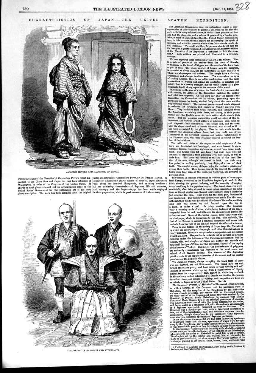 Original Old Antique Print 1856 Japanese Mother Daughter Simoda Hakodadi Japan