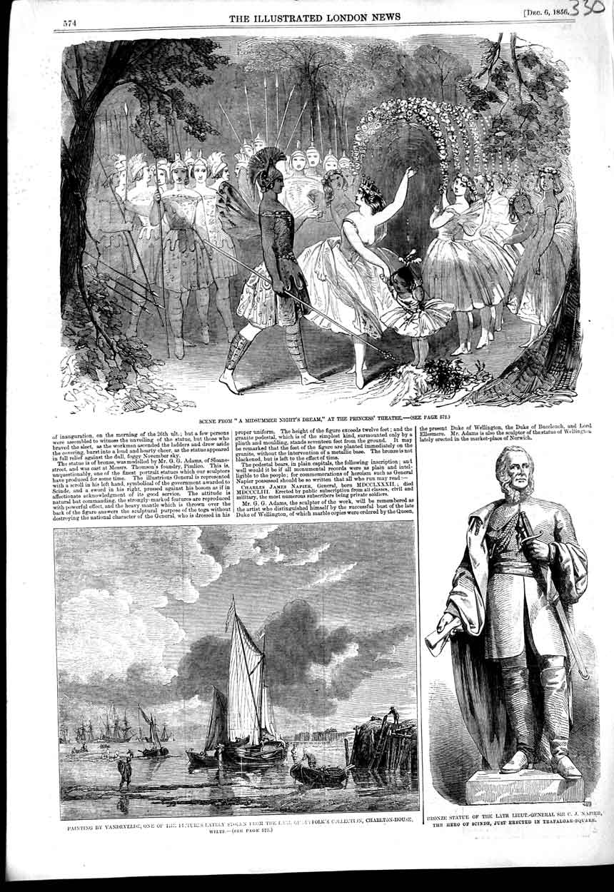 Original Old Antique Print Midsummer Dream Princess Theatre 1856 Napier Statue