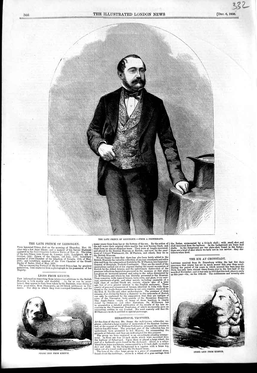 Original Old Antique Print 1856 Portrait Prince Leiningen Stone Lion Kertch
