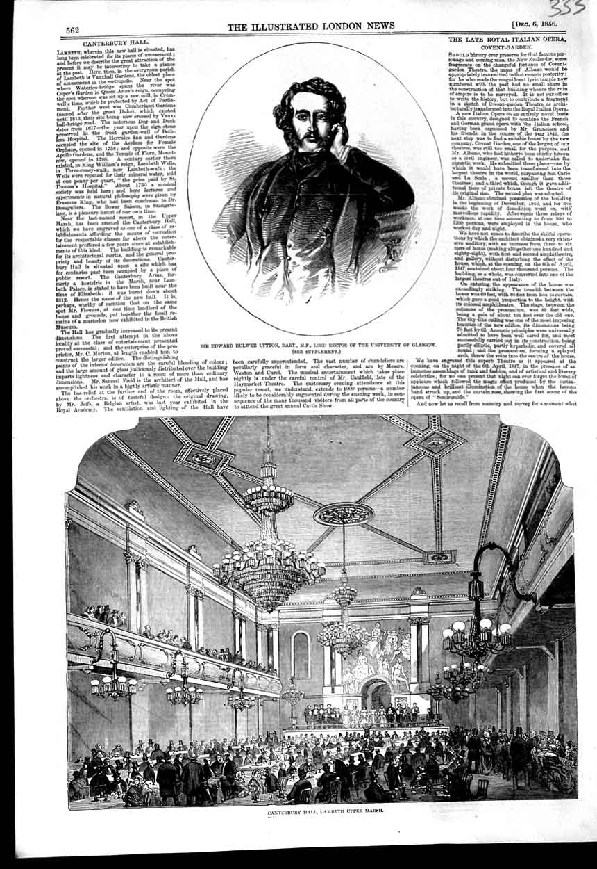 Old Antique Print 1856 Edward Lytton University Glasgow Canterbury Hall 19th
