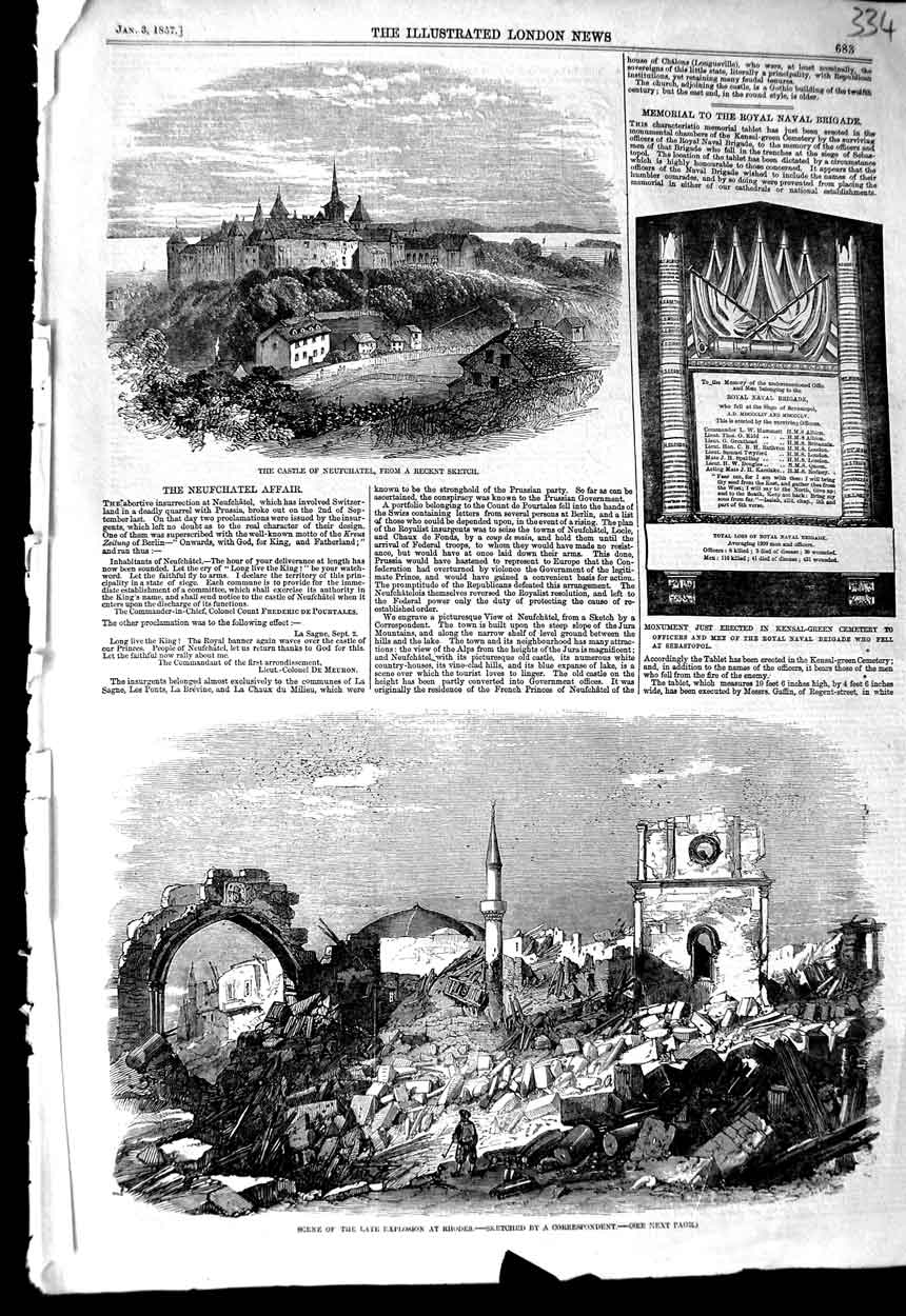 Original Old Antique Print 1857 Castle Neufchatel Explosion Rhodes Kensal-Green