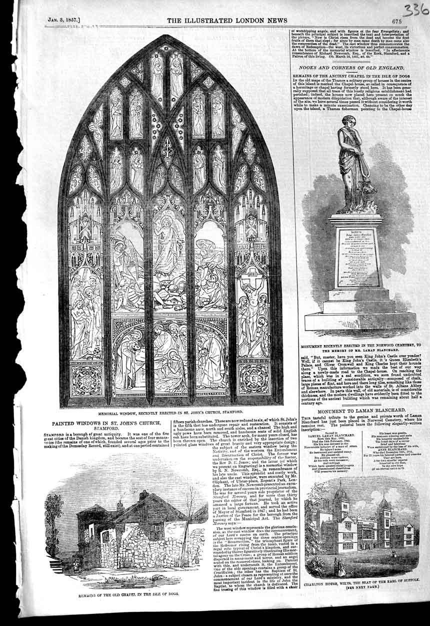 Original Old Antique Print 1857 Window John'S Church Stamford Norwood Isle Dogs